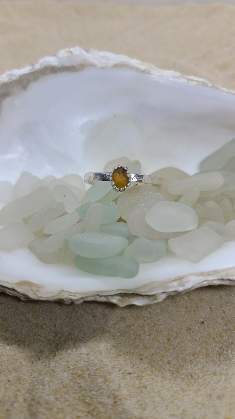 Honey amber sea glass and silver ring SG12