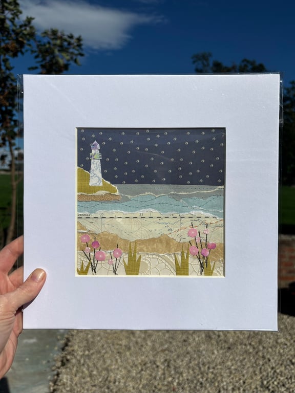 North Wales Lighthouse – Original Hand-Collaged Paper and Textile Artwork