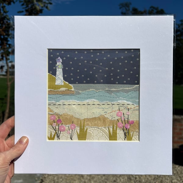 North Wales Lighthouse – Original Hand-Collaged Paper and Textile Artwork