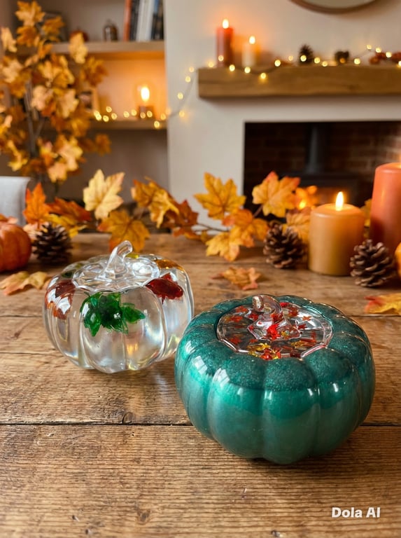 Pair of Epoxy Resin Pumpkins with Autumn Theme