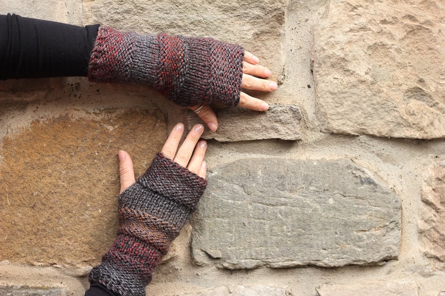 Fingerless gloves - Comfy mittens mahogany brown grey women's, knitwear UK