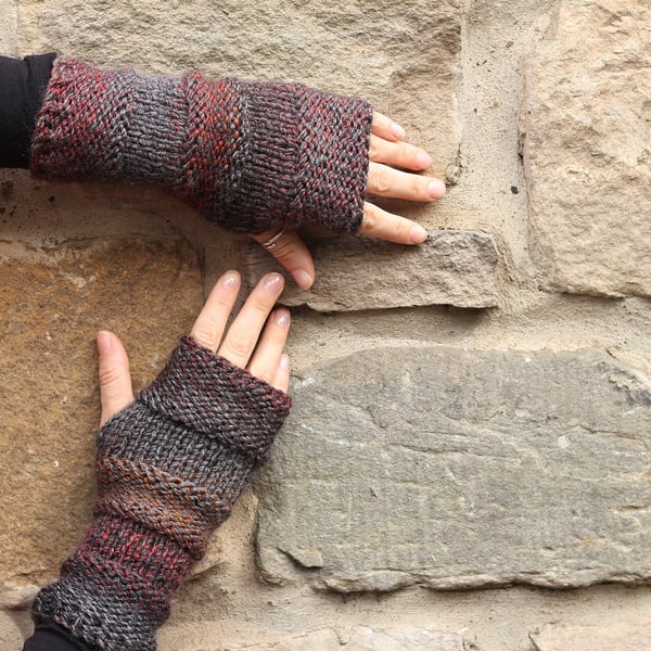 Fingerless gloves - Comfy mittens mahogany brown grey women's, knitwear UK