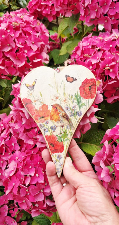 Chunky Handmade Wooden Heart Robin Poppies Butterflies 