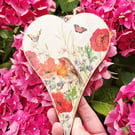 Chunky Handmade Wooden Heart Robin Poppies Butterflies 