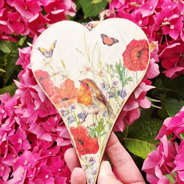 Chunky Handmade Wooden Heart Robin Poppies Butterflies 