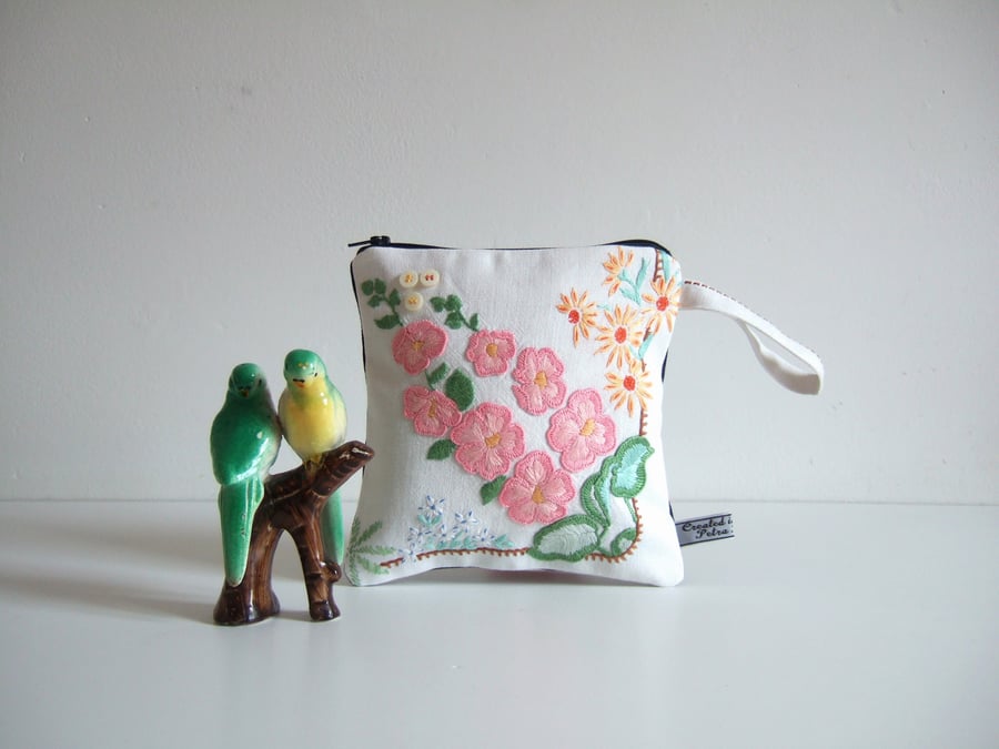 Zip-up make up bag, purse or cosmetics bag with vintage floral embroidery