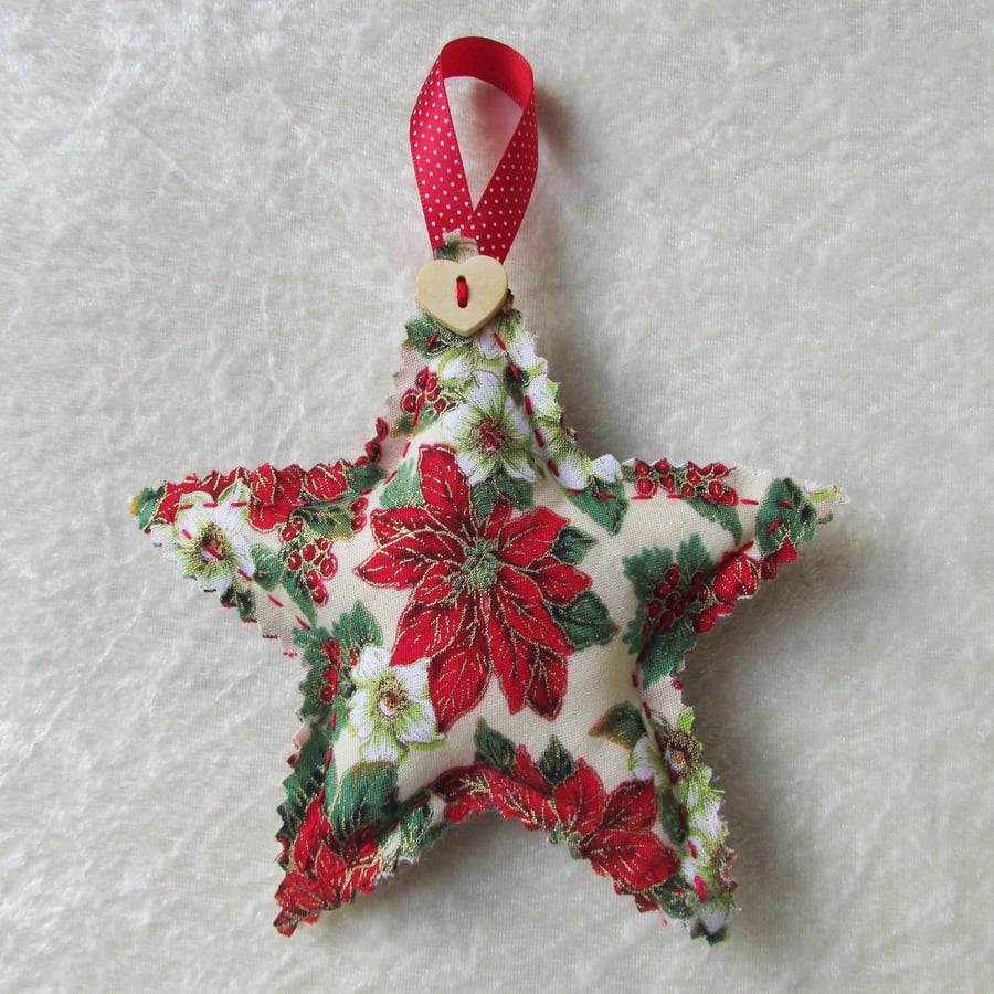 Hanging star Christmas tree decoration - cream, red and green floral fabric