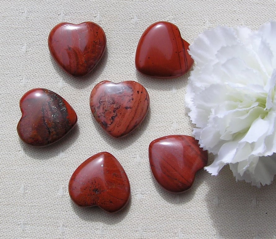 6 Red Jasper Solid Gemstone Polished Hearts - 20mm - Chakra - Crafting