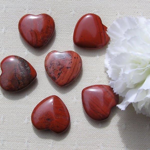 6 Red Jasper Solid Gemstone Polished Hearts - 20mm - Chakra - Crafting