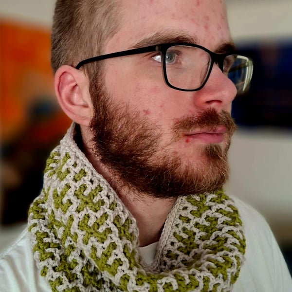 Crocheted cactus cowl - green and grey (reversible)
