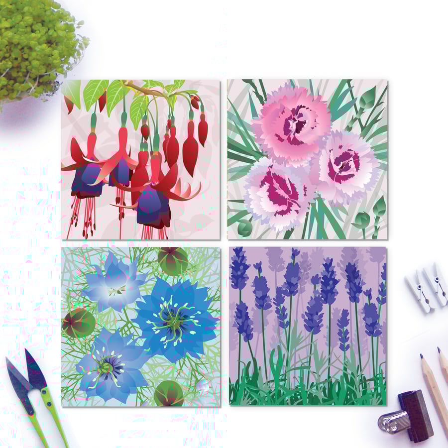 July Floral Card Collection - pack of four Flower cards