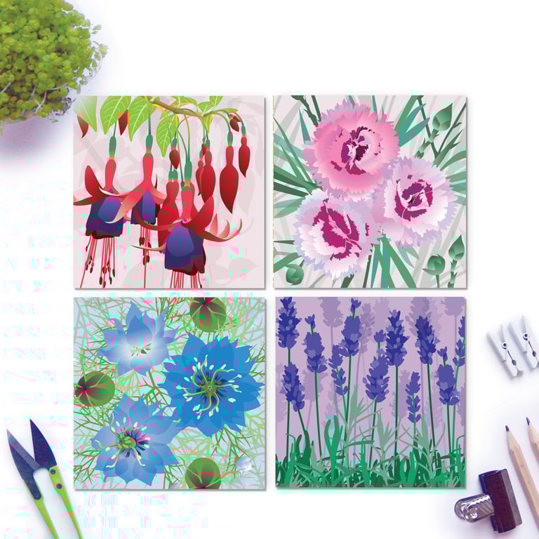 July Floral Card Collection - pack of four Flower cards