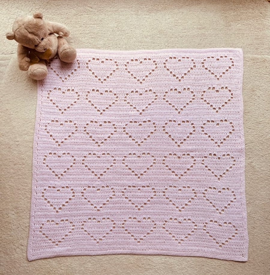 Pink Baby Blanket with Filet Heart Design, Baby Girl Gift Idea, Baby Shower Gift