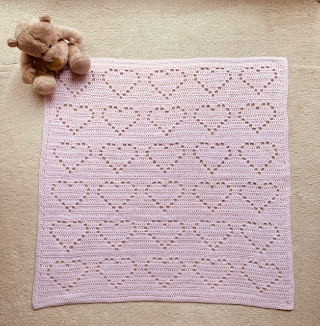 Pink Baby Blanket with Filet Heart Design, Baby Girl Gift Idea, Baby Shower Gift