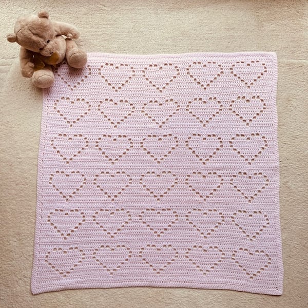Pink Baby Blanket with Filet Heart Design, Baby Girl Gift Idea, Baby Shower Gift