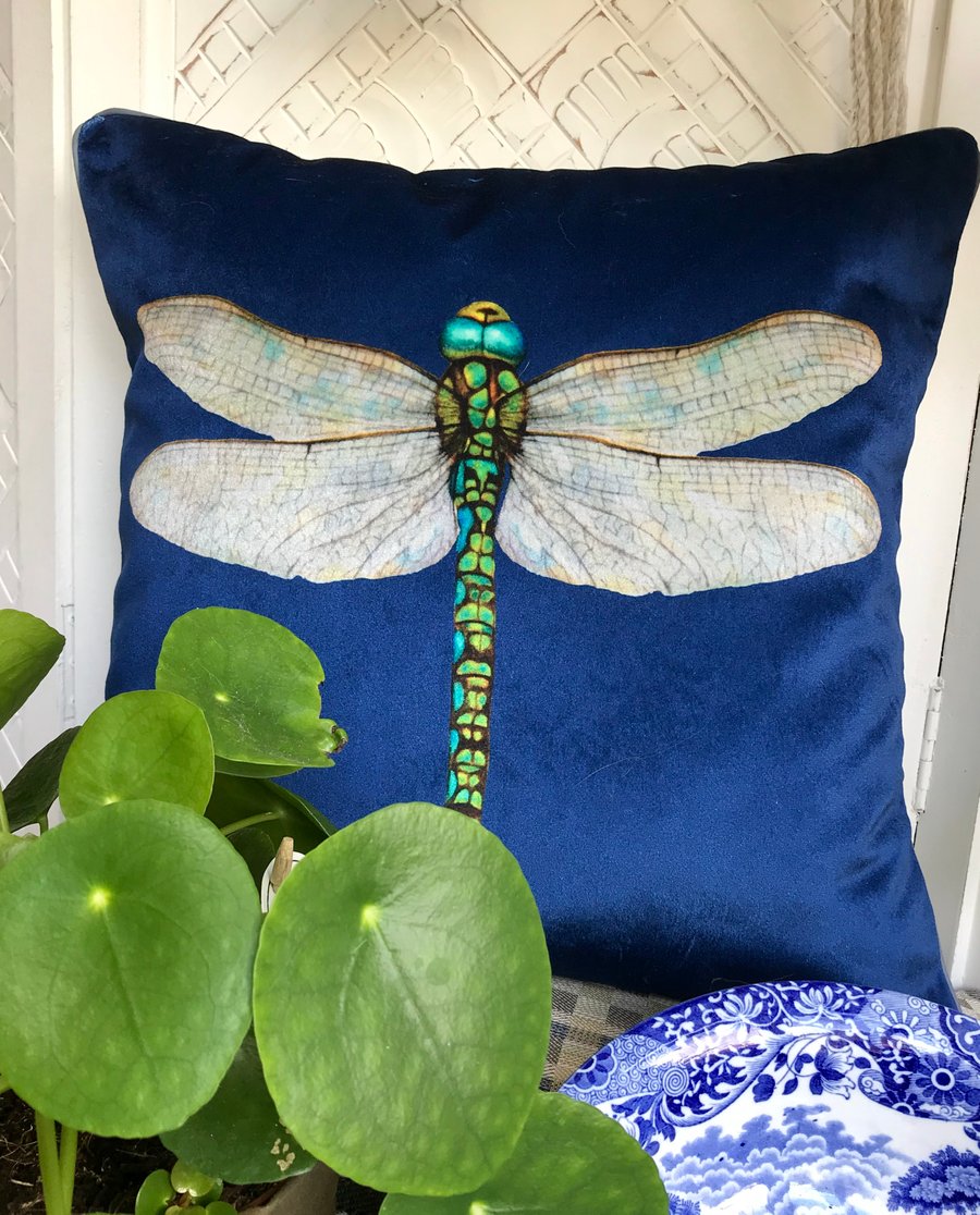 Navy Velvet Dragonfly cushion cover, Luxury velvet and tweed piped pillow cover.