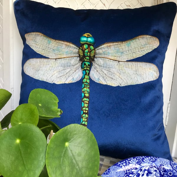 Navy Velvet Dragonfly cushion cover, Luxury velvet and tweed piped pillow cover.