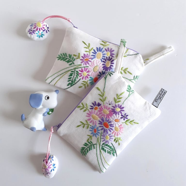 Make up bag or purse recycled in a vintage pastel floral embroidered tray cloth