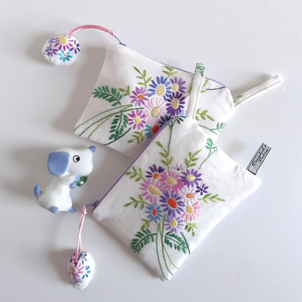 Make up bag or purse recycled in a vintage pastel floral embroidered tray cloth