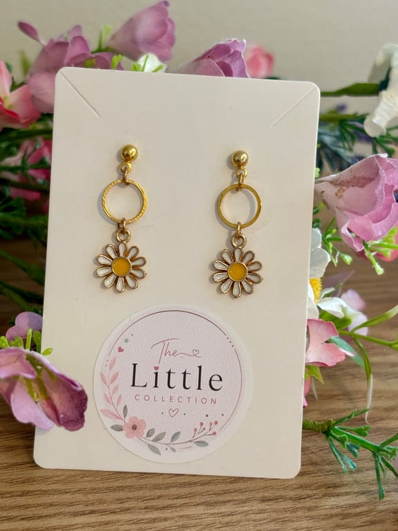 White Flower Dangle Earrings, Enamel Floral Charms, Handmade Jewellery