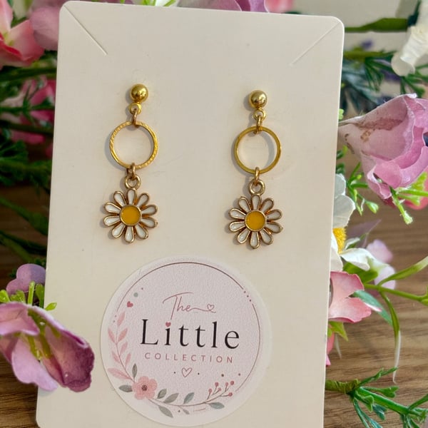 White Flower Dangle Earrings, Enamel Floral Charms, Handmade Jewellery