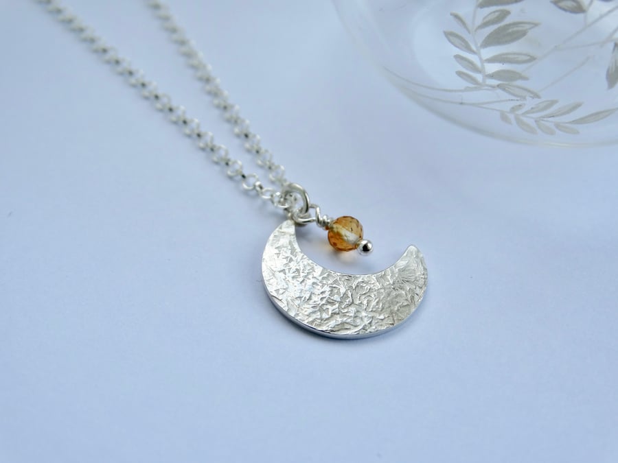 Eco Silver crescent moon pendant with tiny citrine "star"