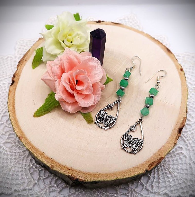 Jade Sterling Silver Butterfly Drop Earrings.  Free UK Postage.
