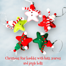 Christmas star hanging decorations baubles in woolly hats, scarves, jingle bells