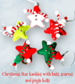 Christmas star hanging decorations baubles in woolly hats, scarves, jingle bells