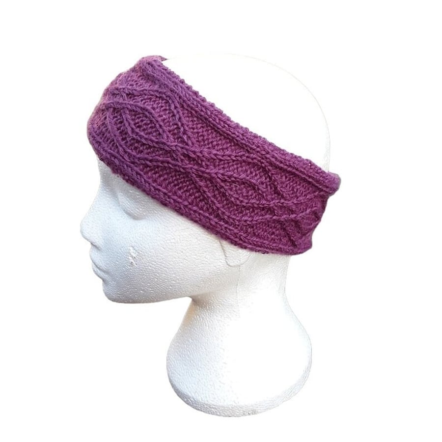 Hand knitted ladies magenta headband ear warmer with double diamond pattern 