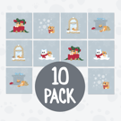 10 Pack of Silver Cat Christmas Cards – Festive Kitten Set of 10 Designs