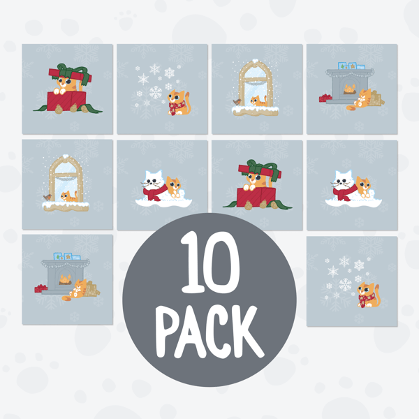 10 Pack of Silver Cat Christmas Cards – Festive Kitten Set of 10 Designs