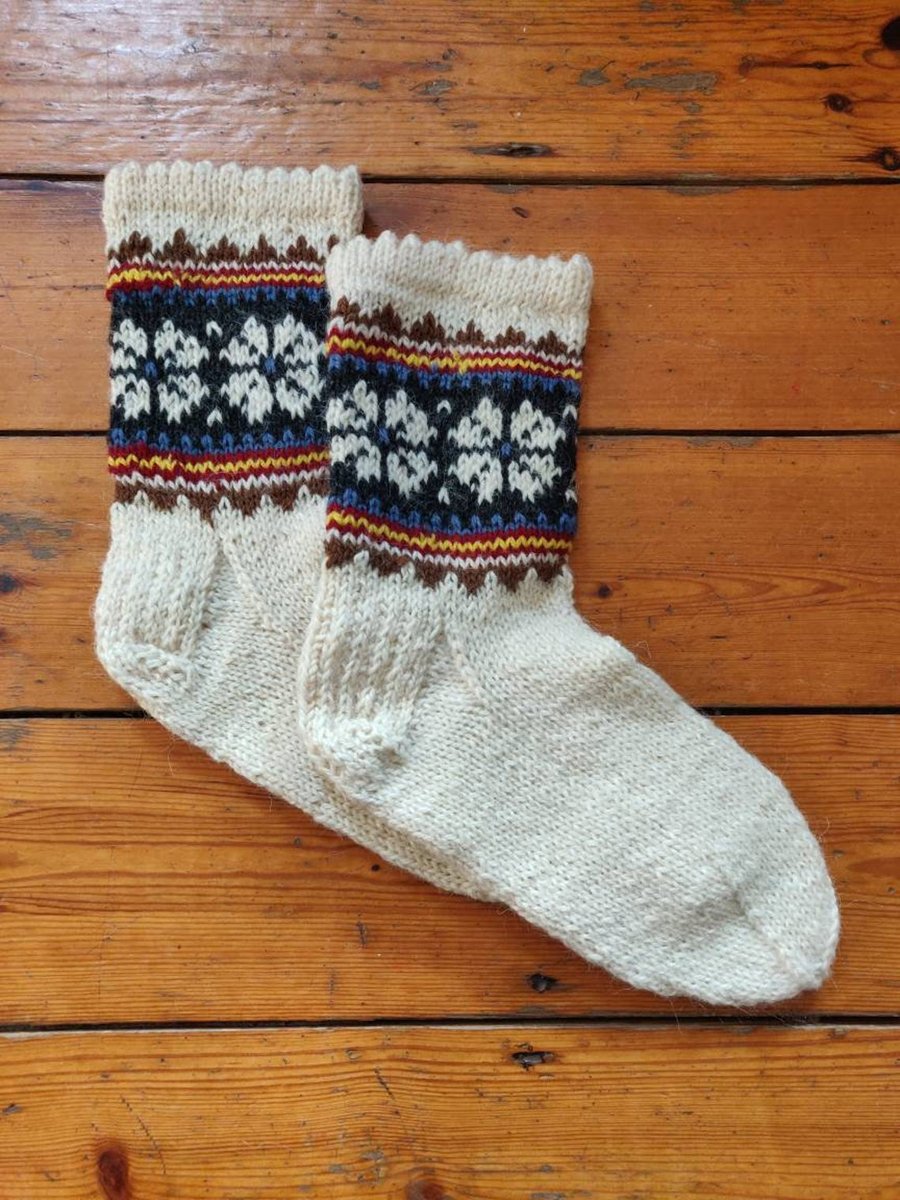 Hand knit rustic thick wool socks in blue red yellow cream fairisle traditional