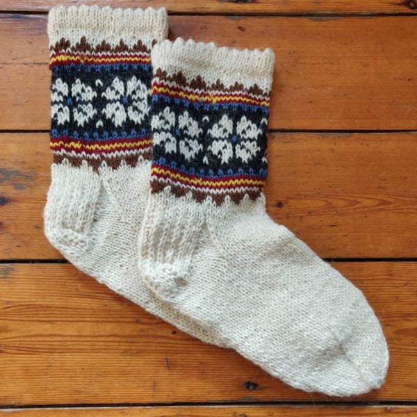 Hand knit rustic thick wool socks in blue red yellow cream fairisle traditional