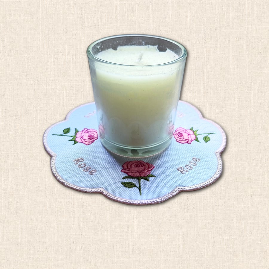 Rose Candle Mat - Embroidered June Birth Flower Decor
