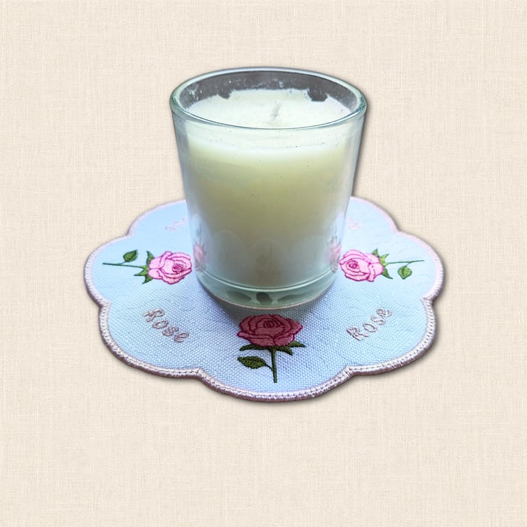 Rose Candle Mat - Embroidered June Birth Flower Decor