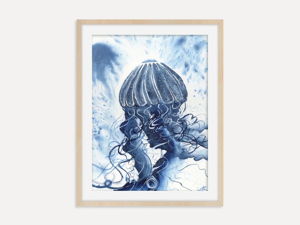 Abstract Blue Jellyfish Fine Art Print, Ocean Watercolor Wall Art, Marine Poster