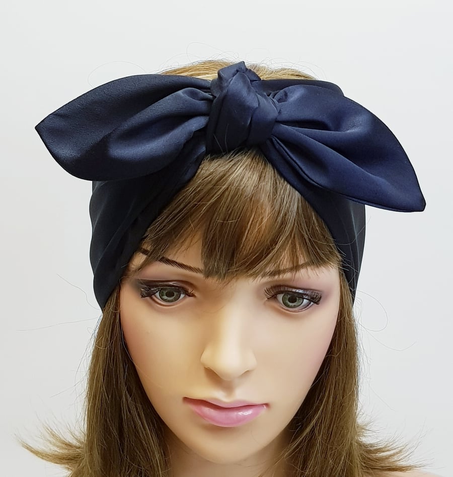 Dark blue satin head scarf, natural curly hair tie, wide rockabilly tie up scarf