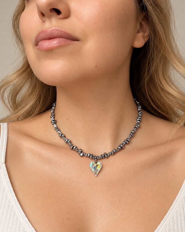 Handmade Hematite Necklace with Crystal Heart Pendant – Natural Stone Jewellery