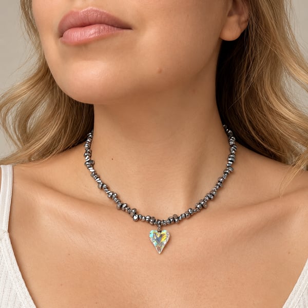 Handmade Hematite Necklace with Crystal Heart Pendant – Natural Stone Jewellery