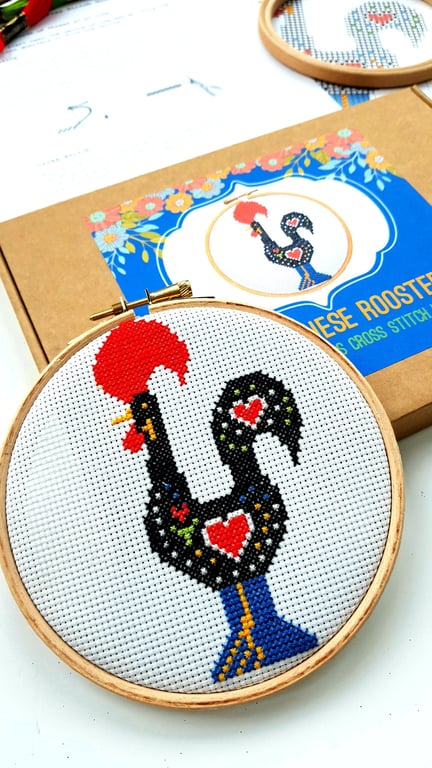 Modern Cross Stitch Kit With Hoop - Portuguese Rooster