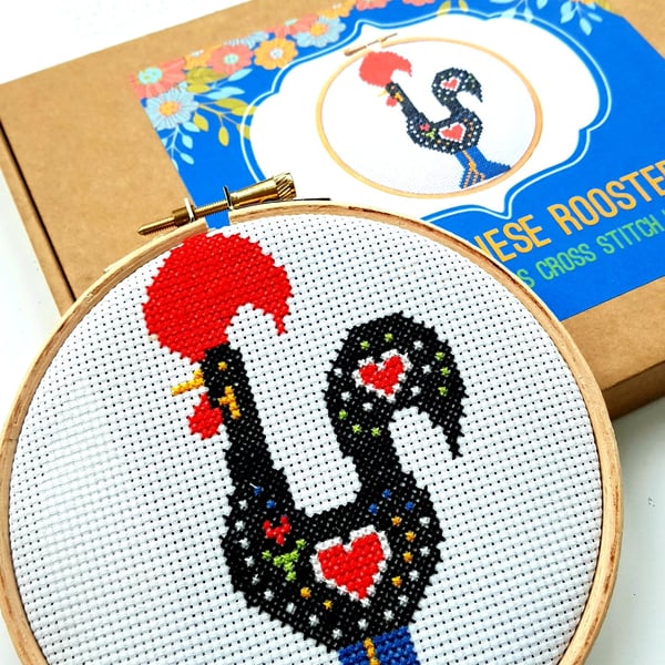 Modern Cross Stitch Kit With Hoop - Portuguese Rooster