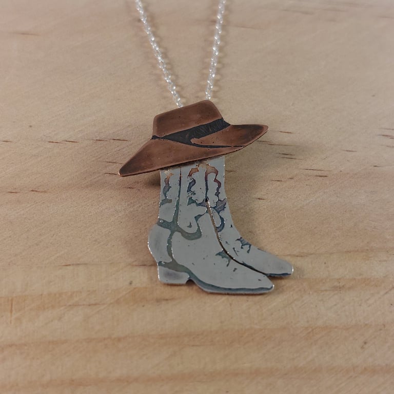 Sterling Silver and Copper Cowboy Boots and Hat Necklace (SKU201025C)
