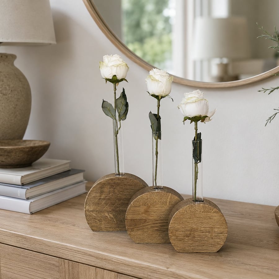 Reclaimed Oak Bud Vase Set – Handmade Wooden Test Tube Vase Set