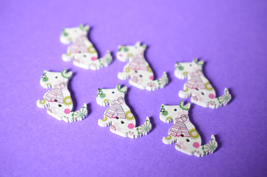 Wooden Dog Buttons Pink,Green & White Flowers 6pk 30x20mm Puppy (DG14)