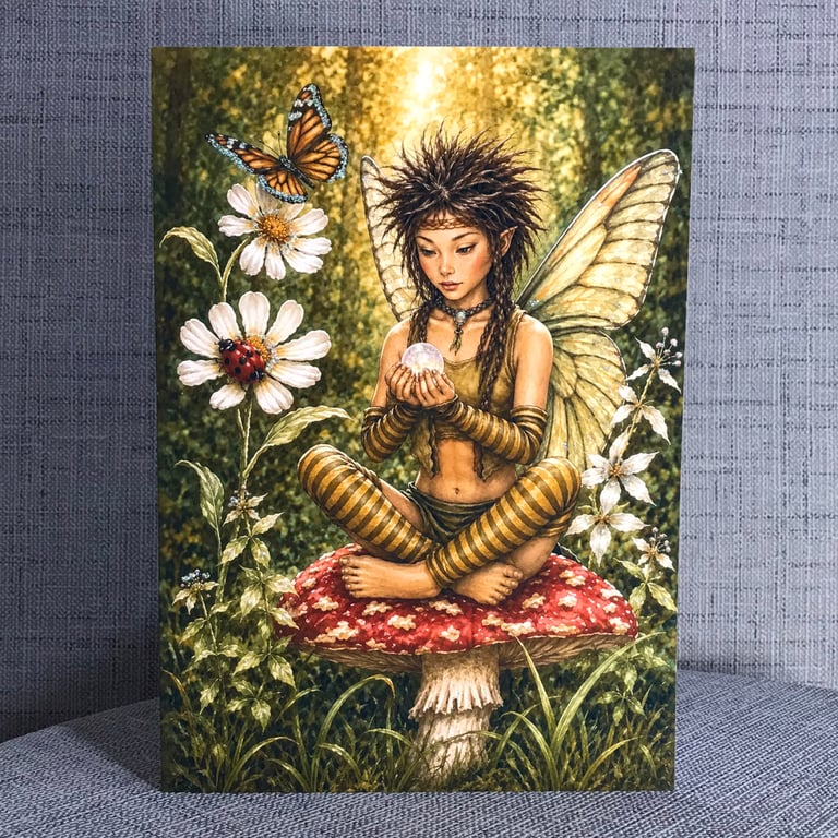Birthday Card Destiny Fairy - Crystal Ball Fairy on Toadstool - A5 Greeting Card