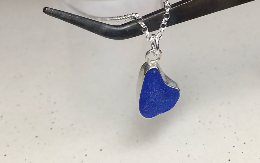 Handmade Welsh Heart Cobalt Blue Sea Glass & Silver Pendant & Necklace