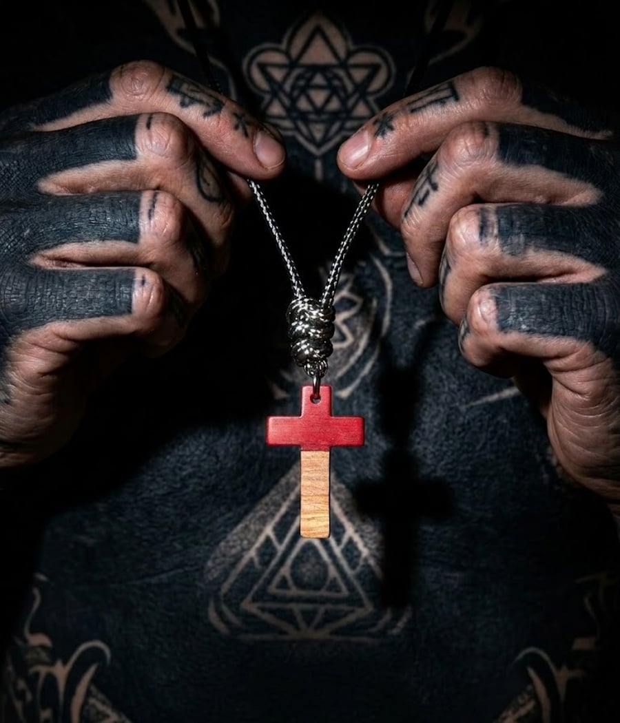 Minimalist Red & Wood Effect Cross Necklace - Ritual-Craft Talisman