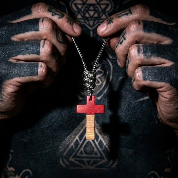 Minimalist Red & Wood Effect Cross Necklace - Ritual-Craft Talisman