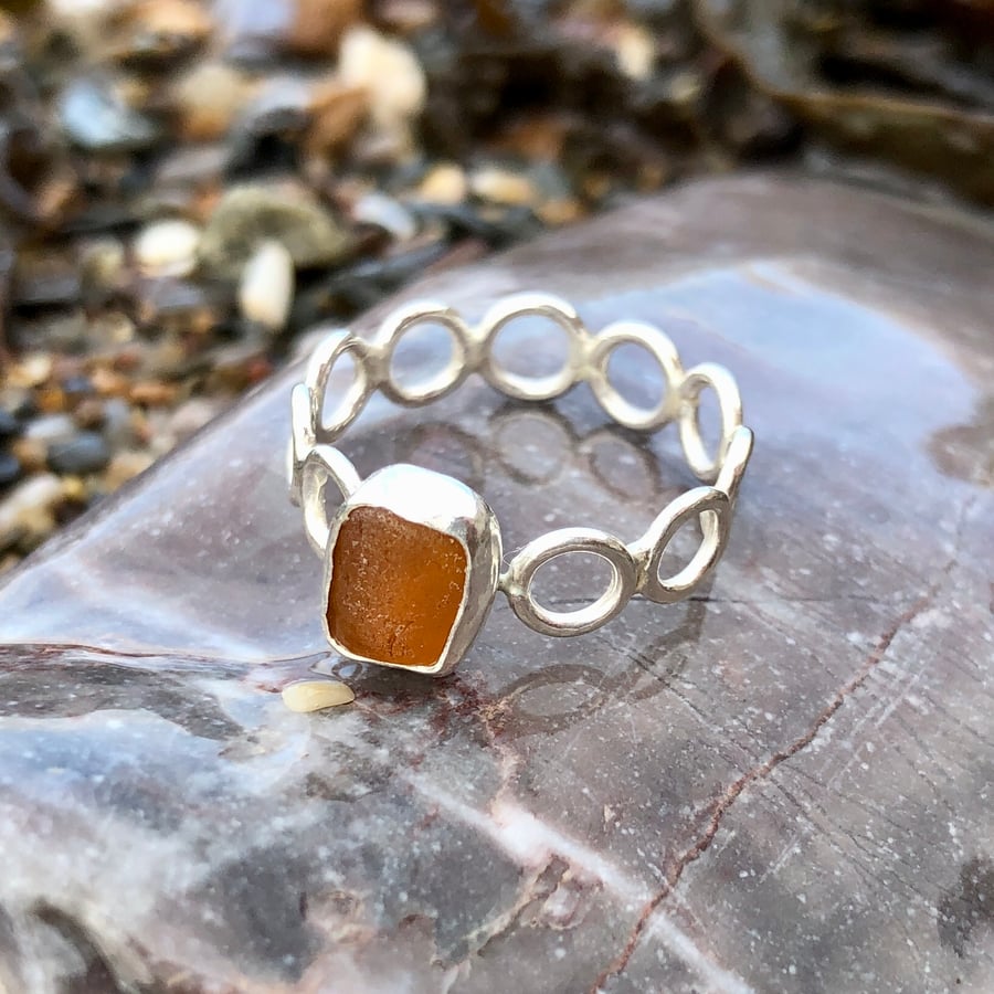 Honey Brown Seaglass Silver Hoop Ring - Size O- 1245